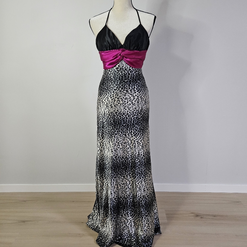 Gunne Sax Jessica McClintock Y2K Silky Satin Gown Babydoll Halter Animal Print